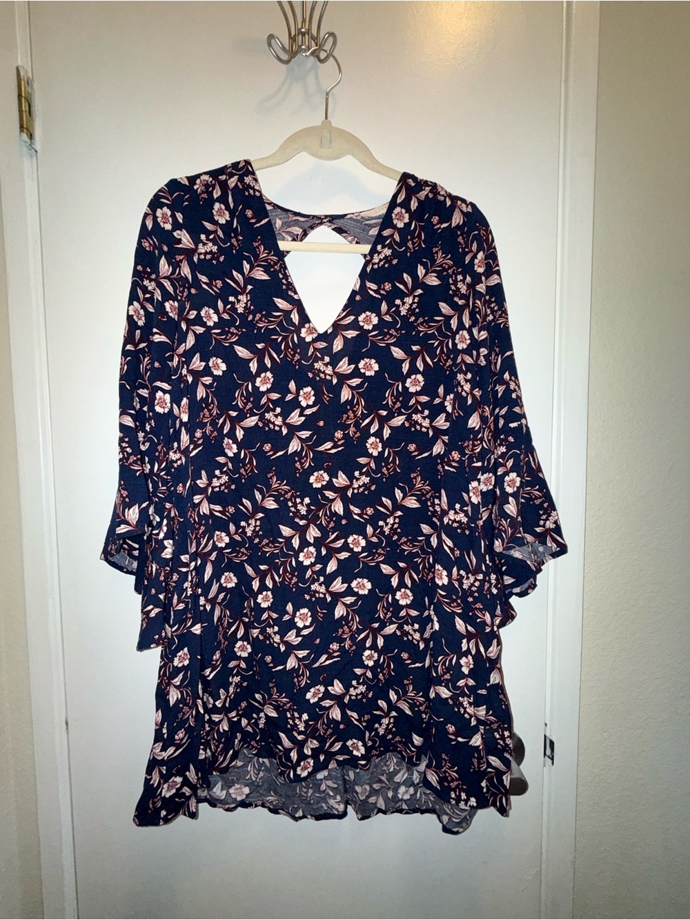 Lush Navy Tunic Dress with Blush Floral V-Neck